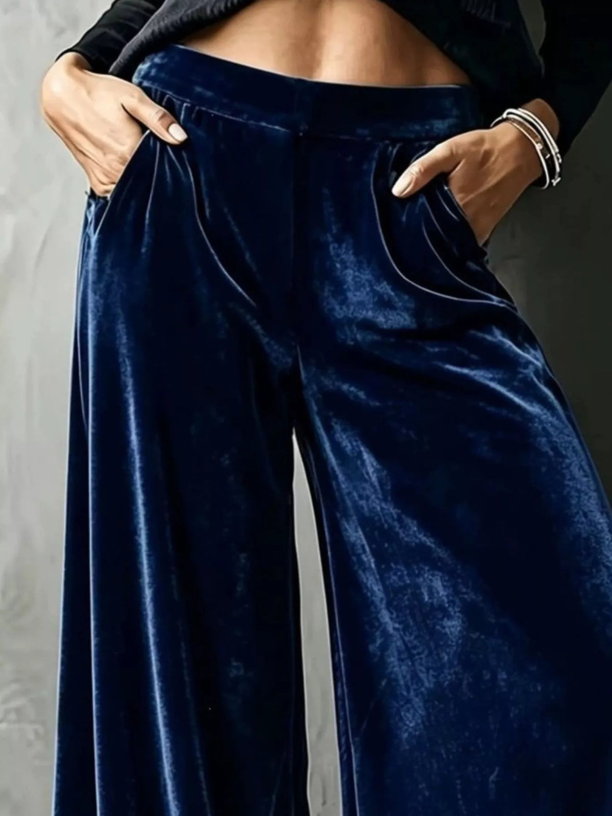 Full Size High-Waisted Wide-Leg Velvet Pants Plus Size - Navy - View 2