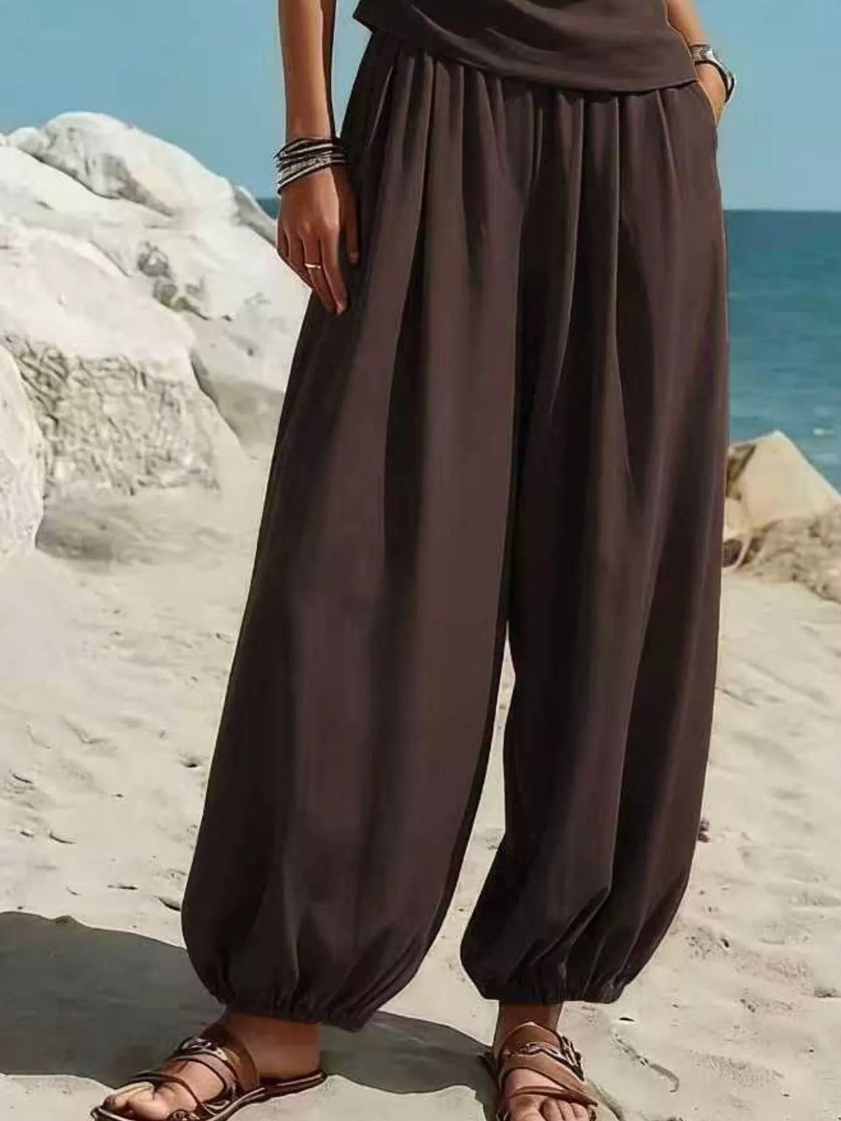 Full Size One-Shoulder Sleeveless Top and Harem Pants Set Plus Size - Brown - View 3