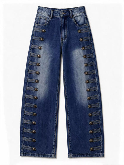 Decorative Button Wide Leg Jeans - Dark Blue - View 8