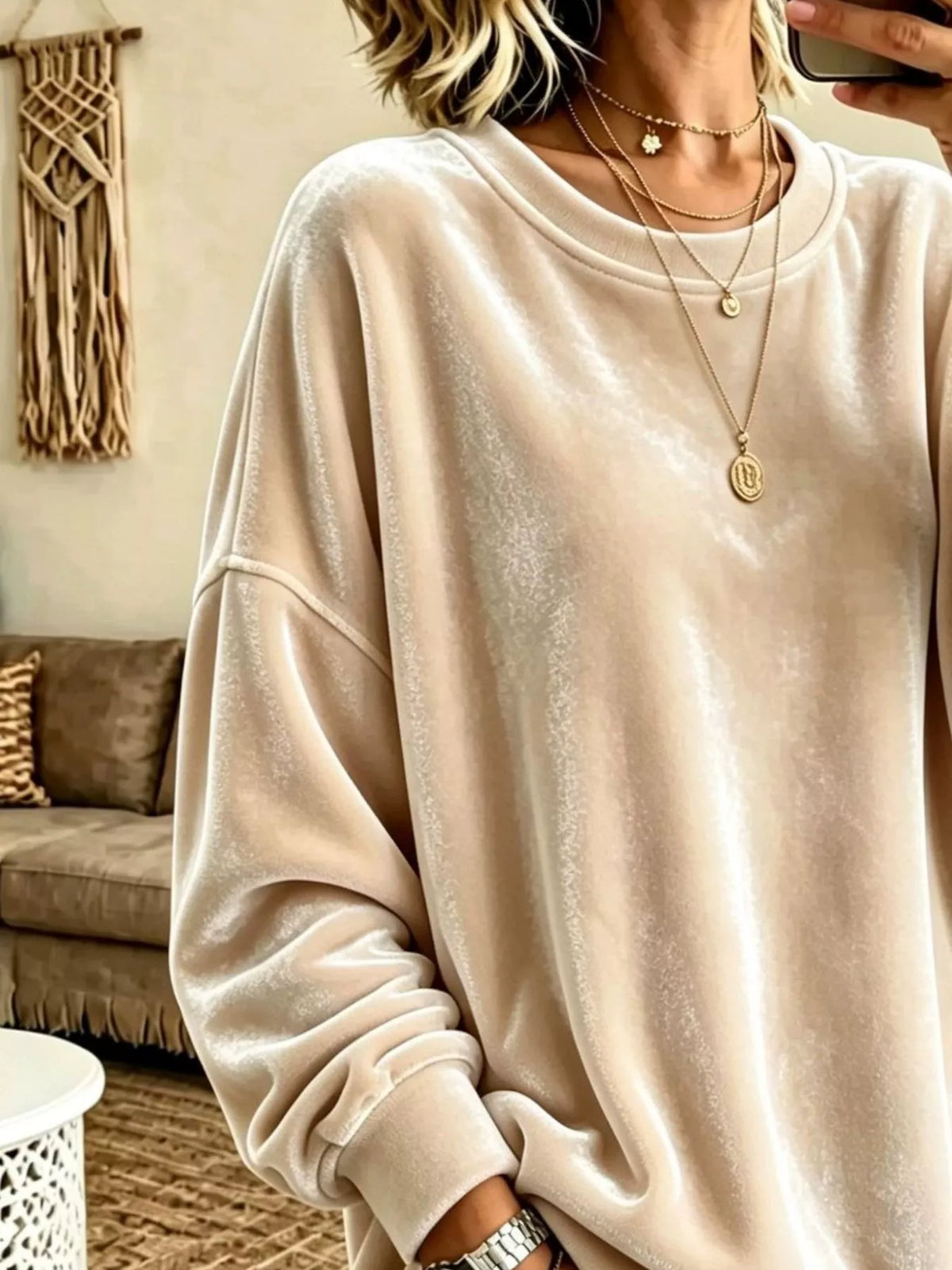 Full Size Solid Color Crew Neck Sweatshirt Plus Size - Apricot - View 12