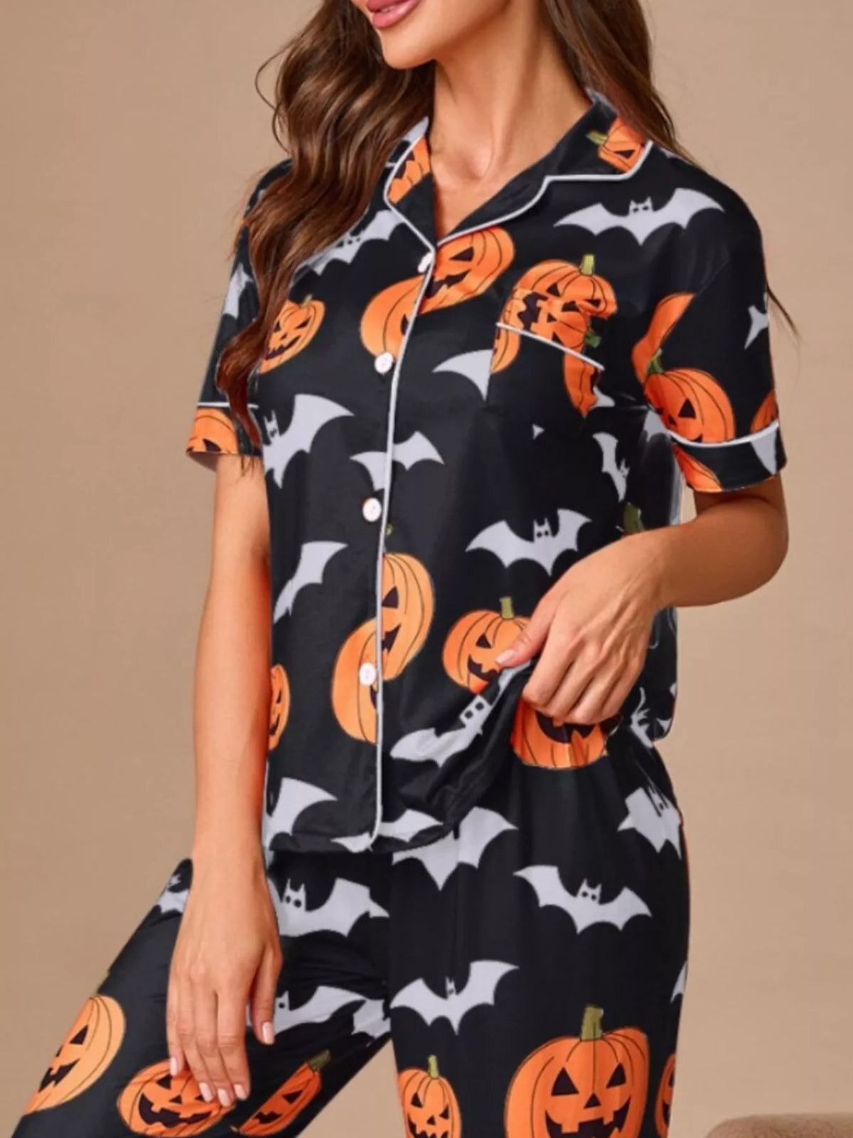 Halloween Pumpkin and Bat Print Button-Down Top and Pants Lounge Set - Black - View 2