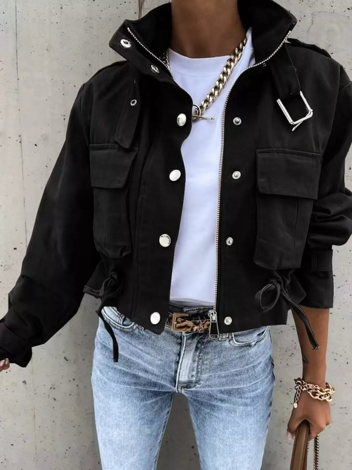 Snap Down Cropped Jacket - Black - View 1