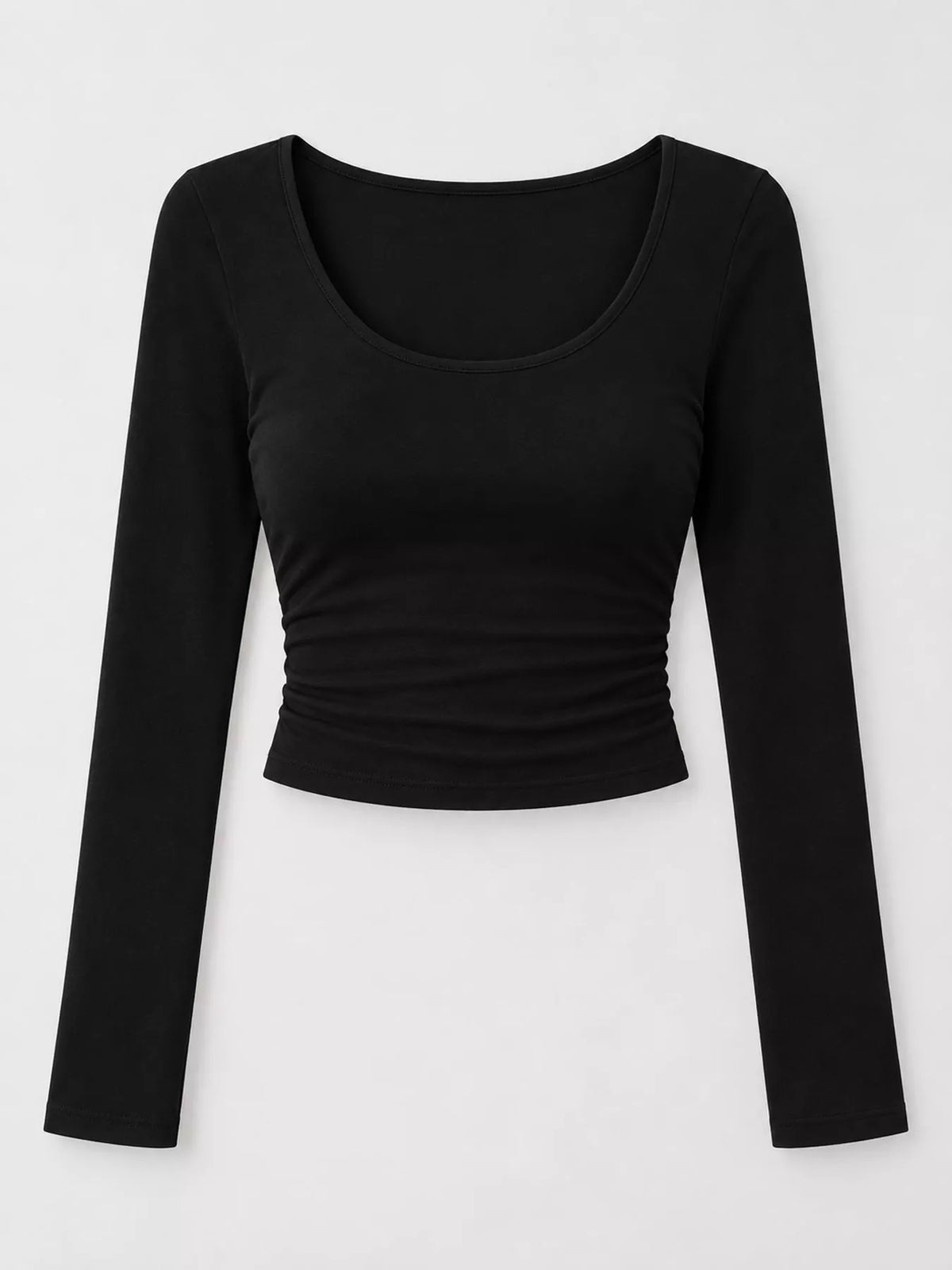 Slim-Fit Long Sleeve U-Neck Cropped T-Shirt - Black - View 6