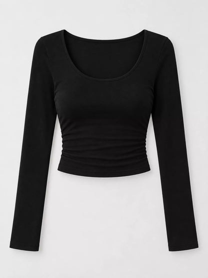 Slim-Fit Long Sleeve U-Neck Cropped T-Shirt - Black - View 6