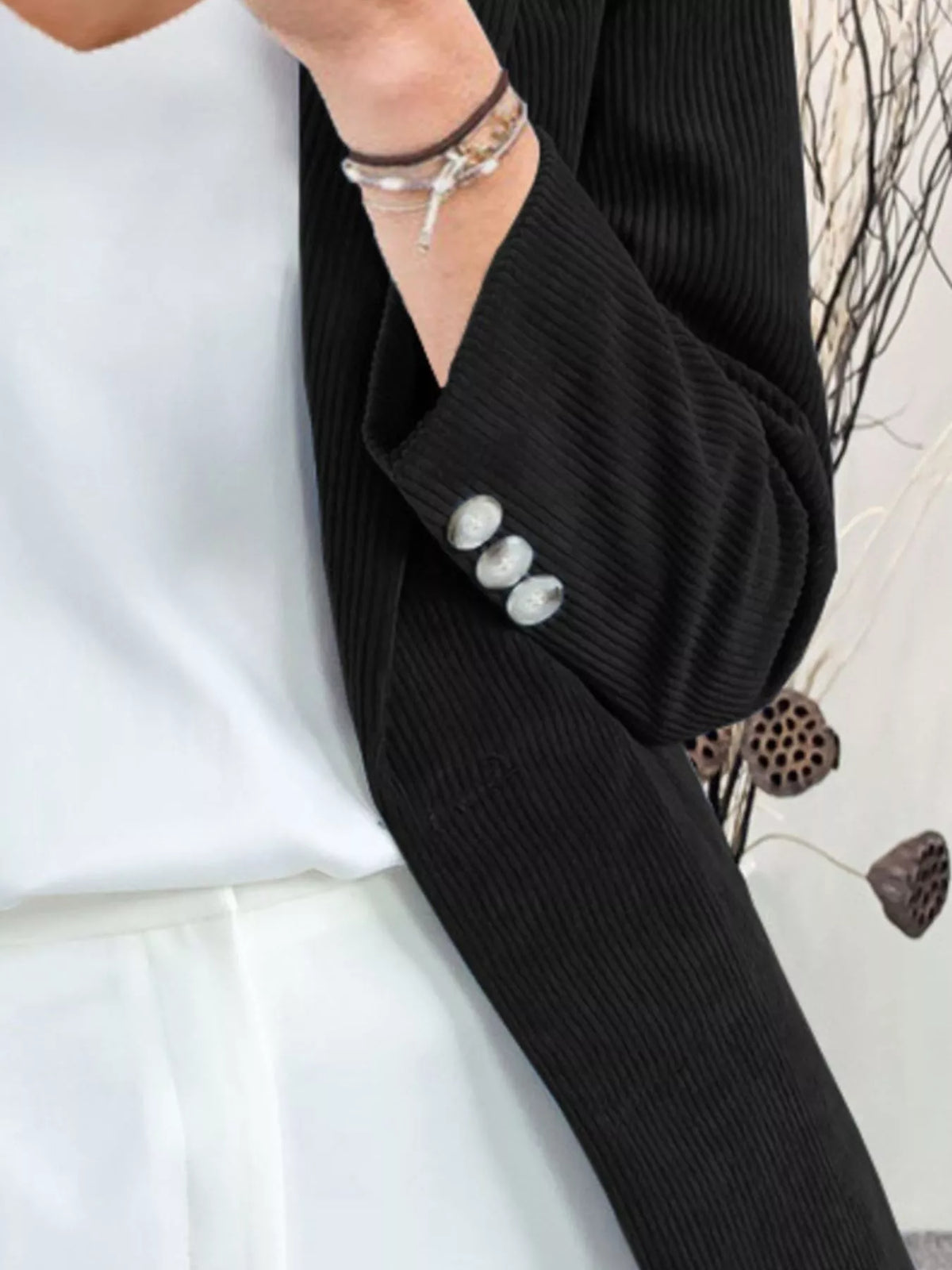 Corduroy Lapel Collar Casual Blazer - Black - View 5