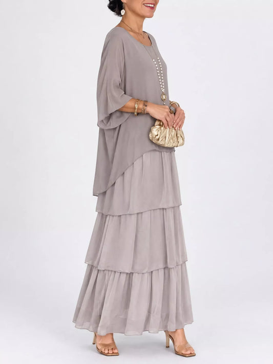 Full Size Layered Batwing Sleeve Maxi Dress Plus Size - Gray - View 2