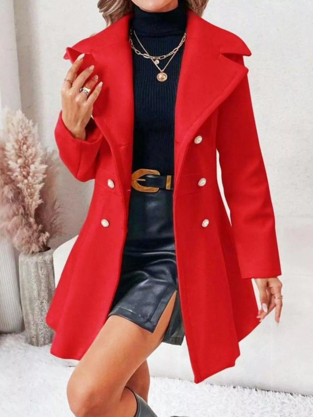 Double-Breasted Peplum Coat - Red - View 1
