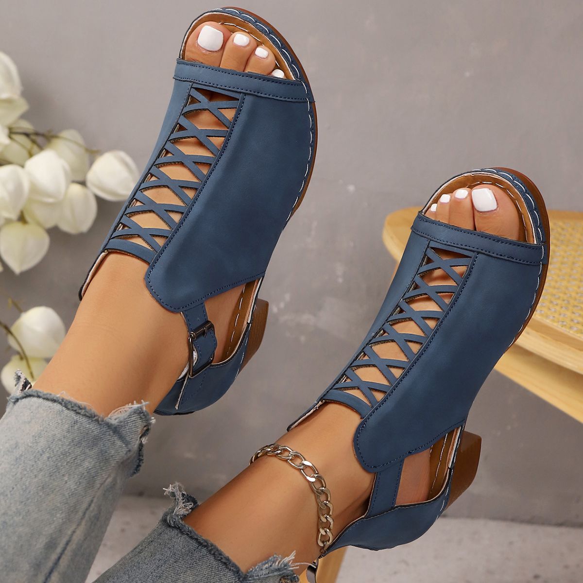 Open Toe Block Heels Sandals - Navy Blue - View 14