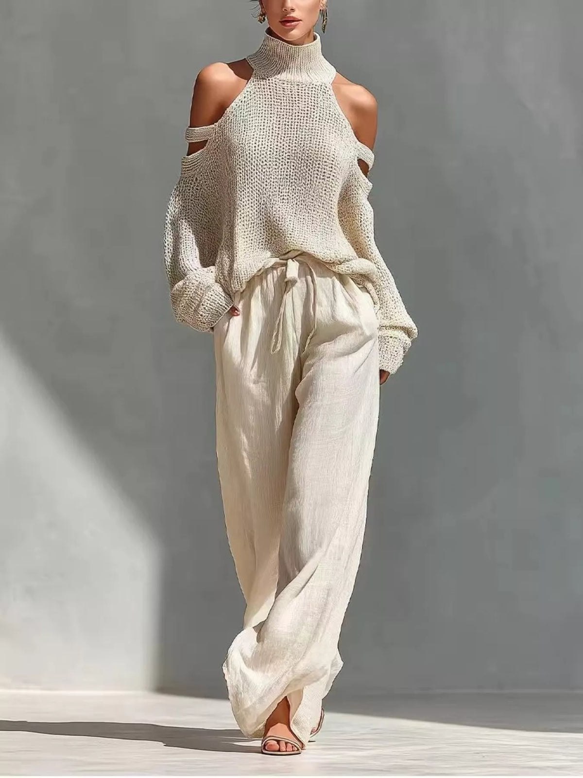 Cold Shoulder Turtleneck Top and Wide-Leg Pants Set - Beige - View 1