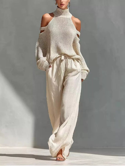Cold Shoulder Turtleneck Top and Wide-Leg Pants Set - Beige - View 1