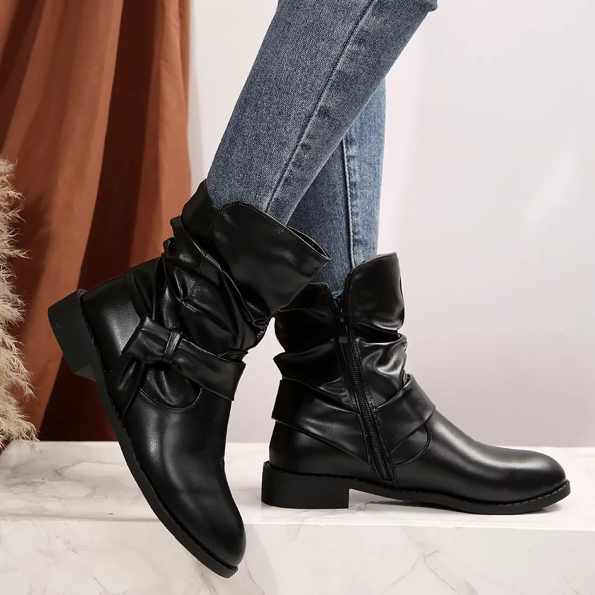 Round Toe Low Heel Boots - Black - View 3