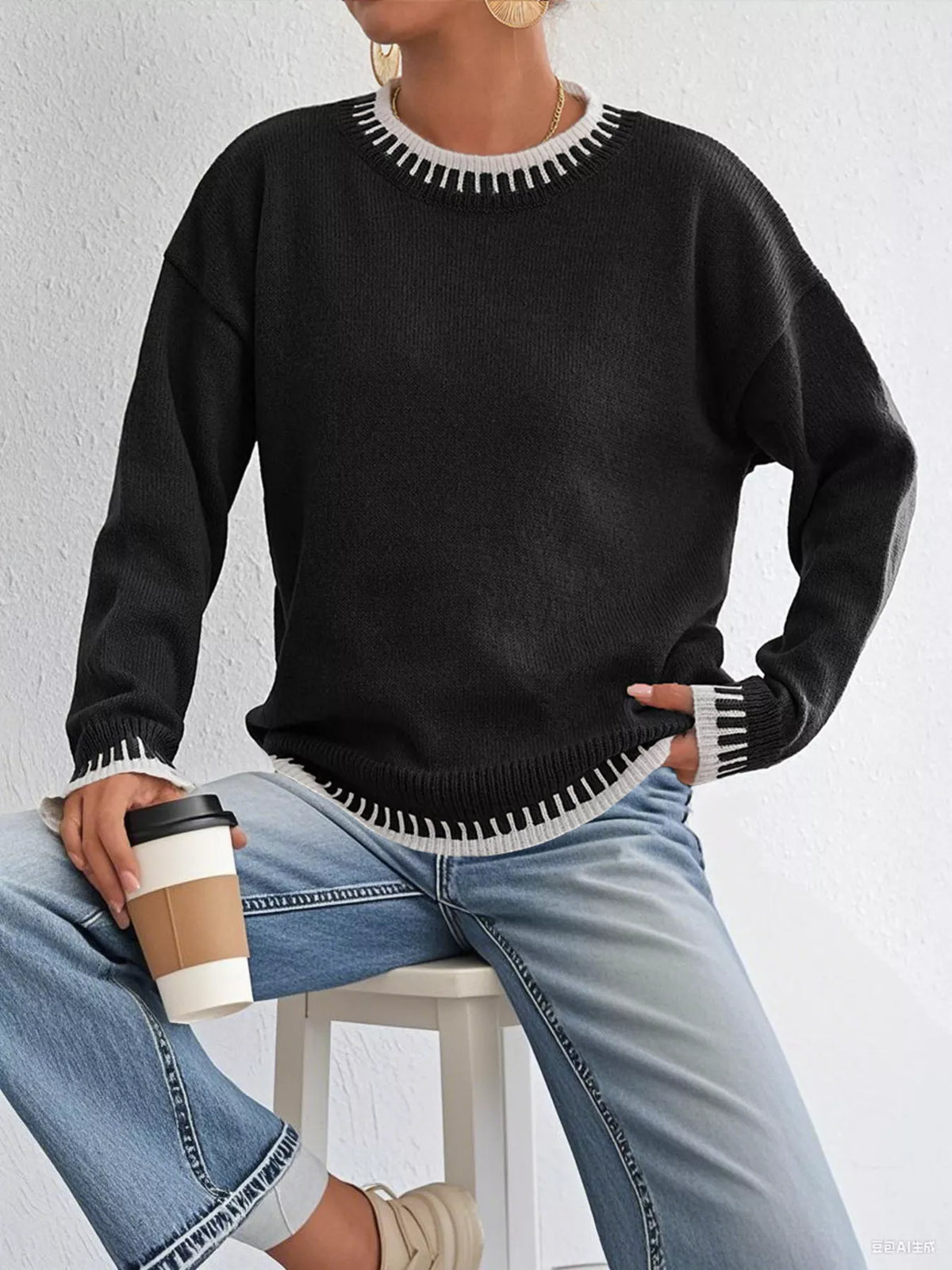 Contrast Trim Crew Neck Drop Shoulder Sweater - Black - View 4