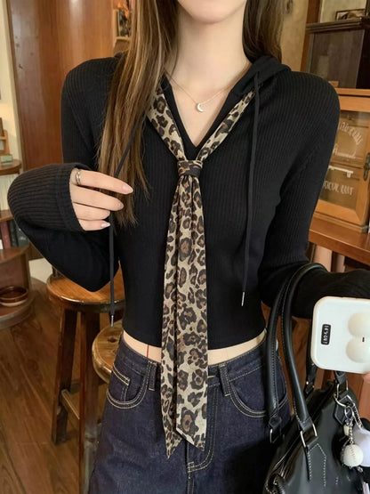 Chic Long Sleeve Hooded T-Shirt with Leopard Scarf Detail - Black - View 3