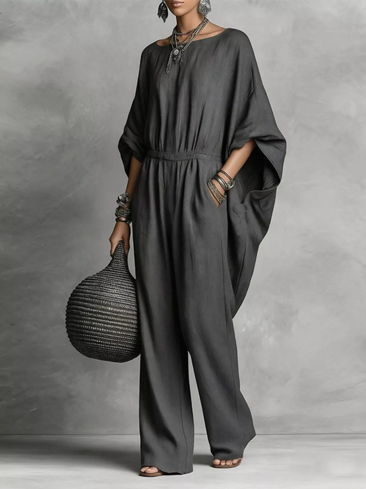 Full Size Boat Neck Batwing Sleeve Wide-Leg Jumpsuit Plus Size - Dark Gray - View 2