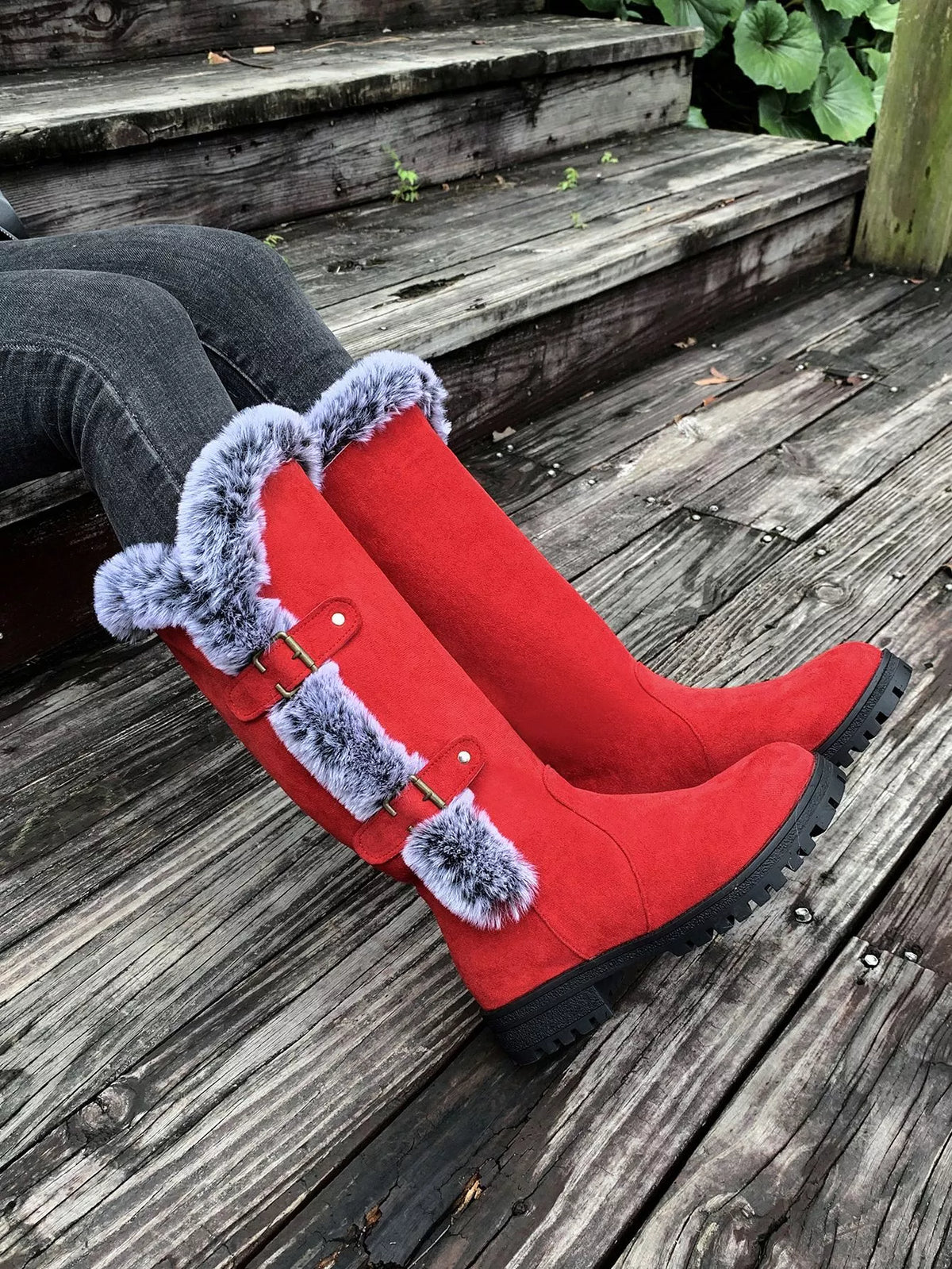 Round Toe Block Heels Boots - Red - View 5