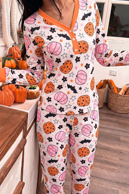 Halloween Pumpkin Print Long Sleeve Home Wear Lounge Set - Dusty Pink - View 2