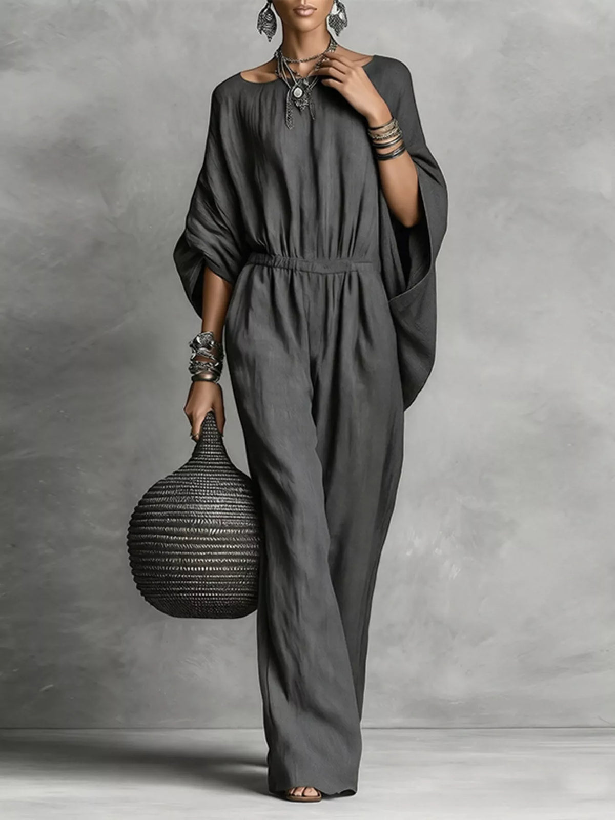 Full Size Boat Neck Batwing Sleeve Wide-Leg Jumpsuit Plus Size - Dark Gray - View 1