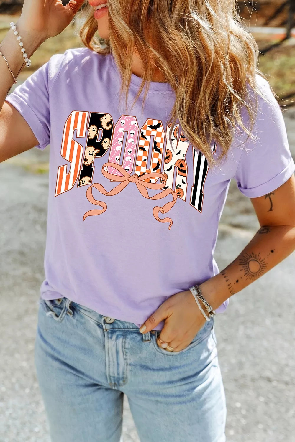 Halloween Spooky Letter Graphic Round Neck Casual T Shirt - All Colors - View 2