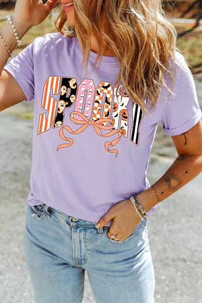 Halloween Spooky Letter Graphic Round Neck Casual T Shirt - All Colors - View 2