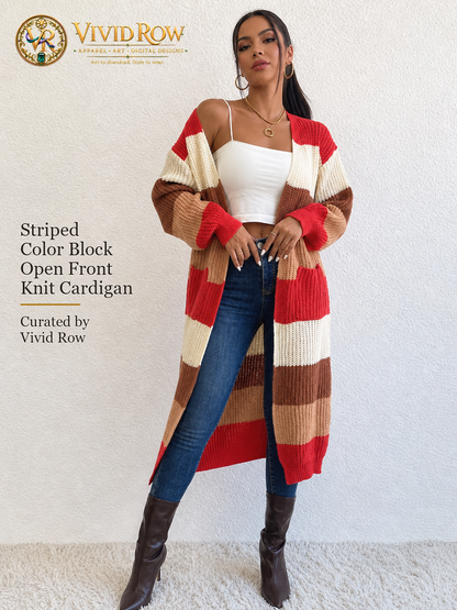 Striped Color Block Open Front Knit Cardigan - Multicolor - Front Hands Waist View