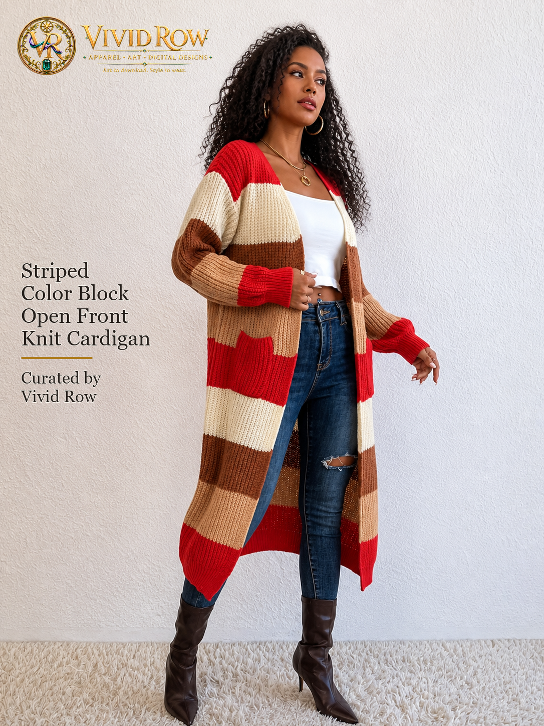 Striped Color Block Open Front Knit Cardigan - Multicolor - Three Quarter View