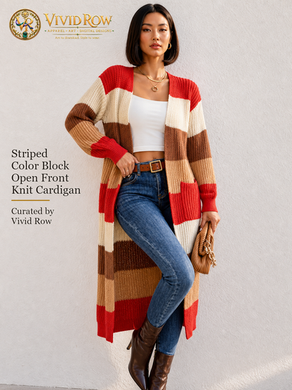 Striped Color Block Open Front Knit Cardigan - Multicolor - Purse Leg Raised View