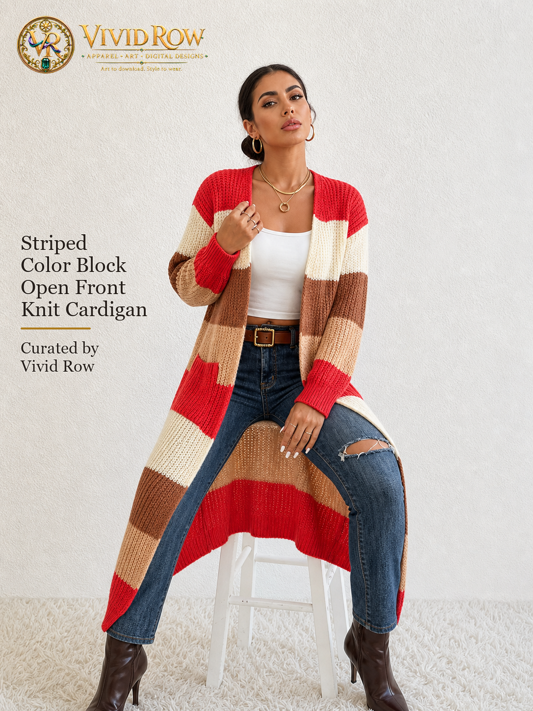 Striped Color Block Open Front Knit Cardigan - Multicolor - Seated Stool View