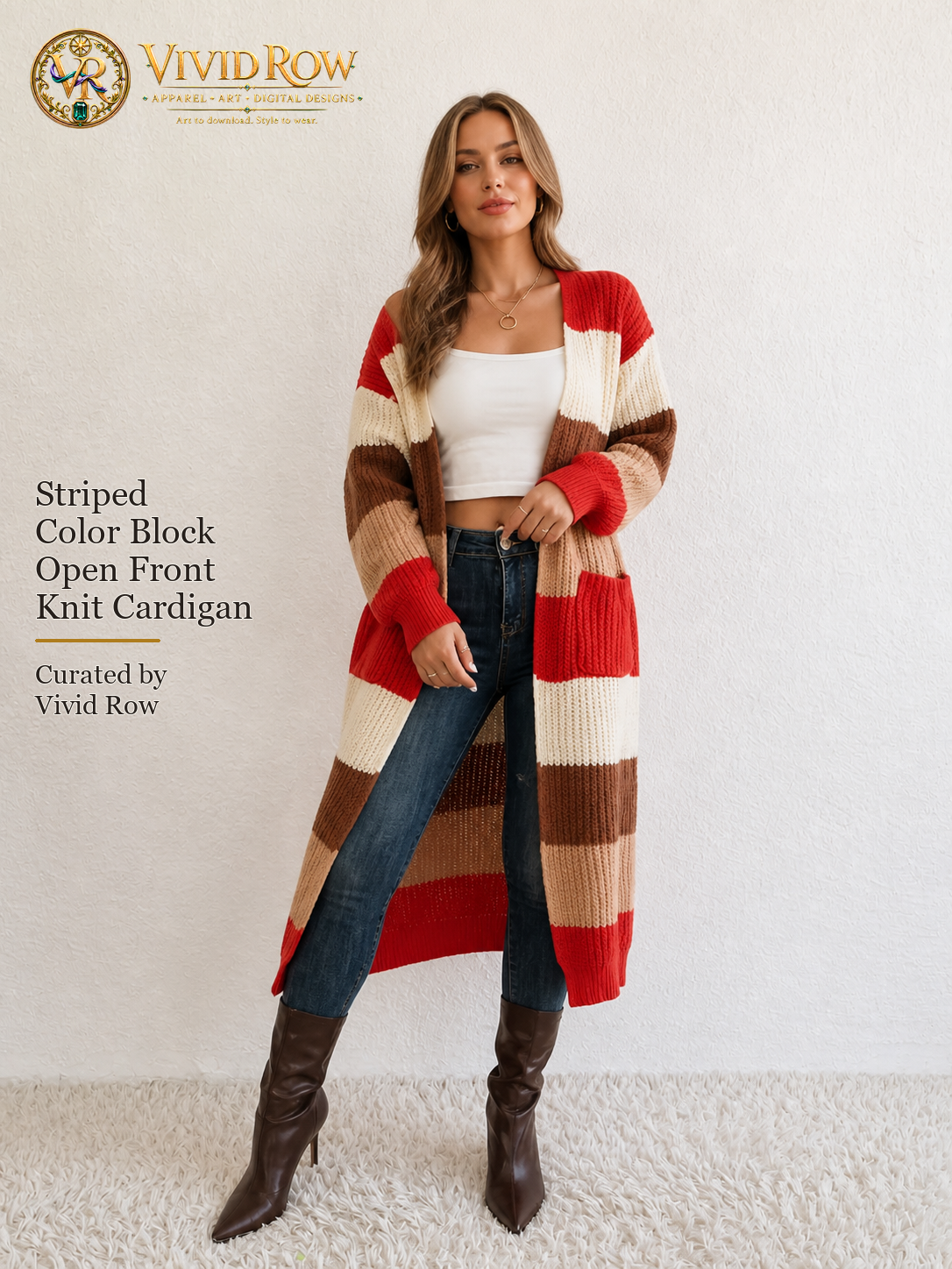 Striped Color Block Open Front Knit Cardigan - Multicolor - Front Angled Leg View