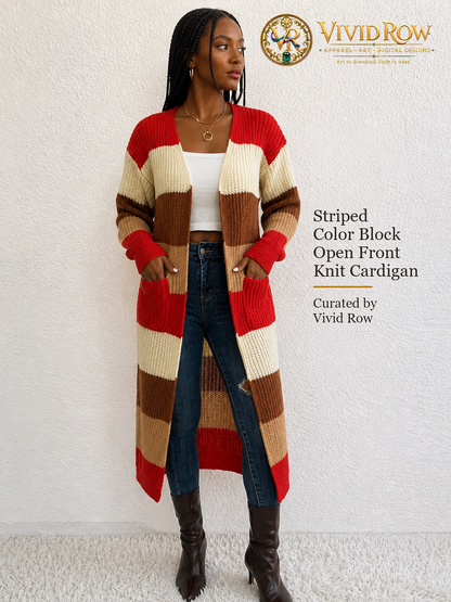 Striped Color Block Open Front Knit Cardigan - Multicolor - Front Pockets View