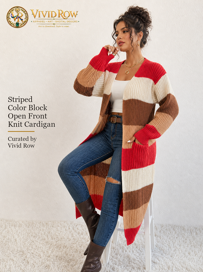 Striped Color Block Open Front Knit Cardigan - Multicolor - Seated Hand Near Face View