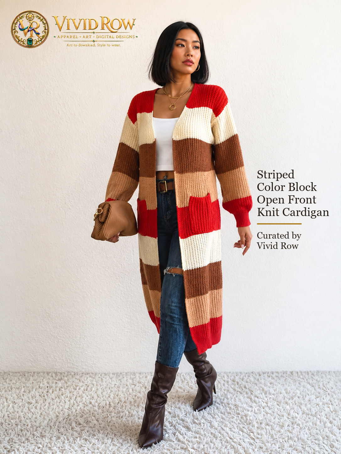 Striped Color Block Open Front Knit Cardigan - Multicolor - Walking Purse View