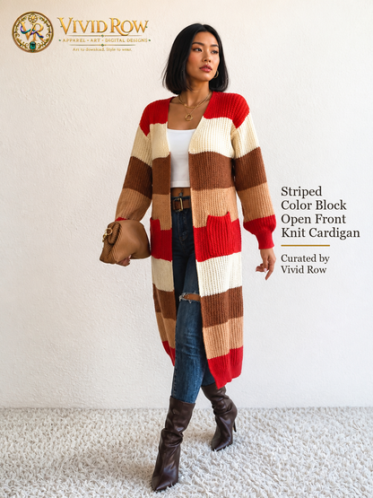 Striped Color Block Open Front Knit Cardigan - Multicolor - Walking Purse View