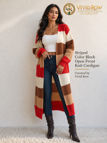 Striped Color Block Open Front Knit Cardigan - Multicolor - Front Waist View