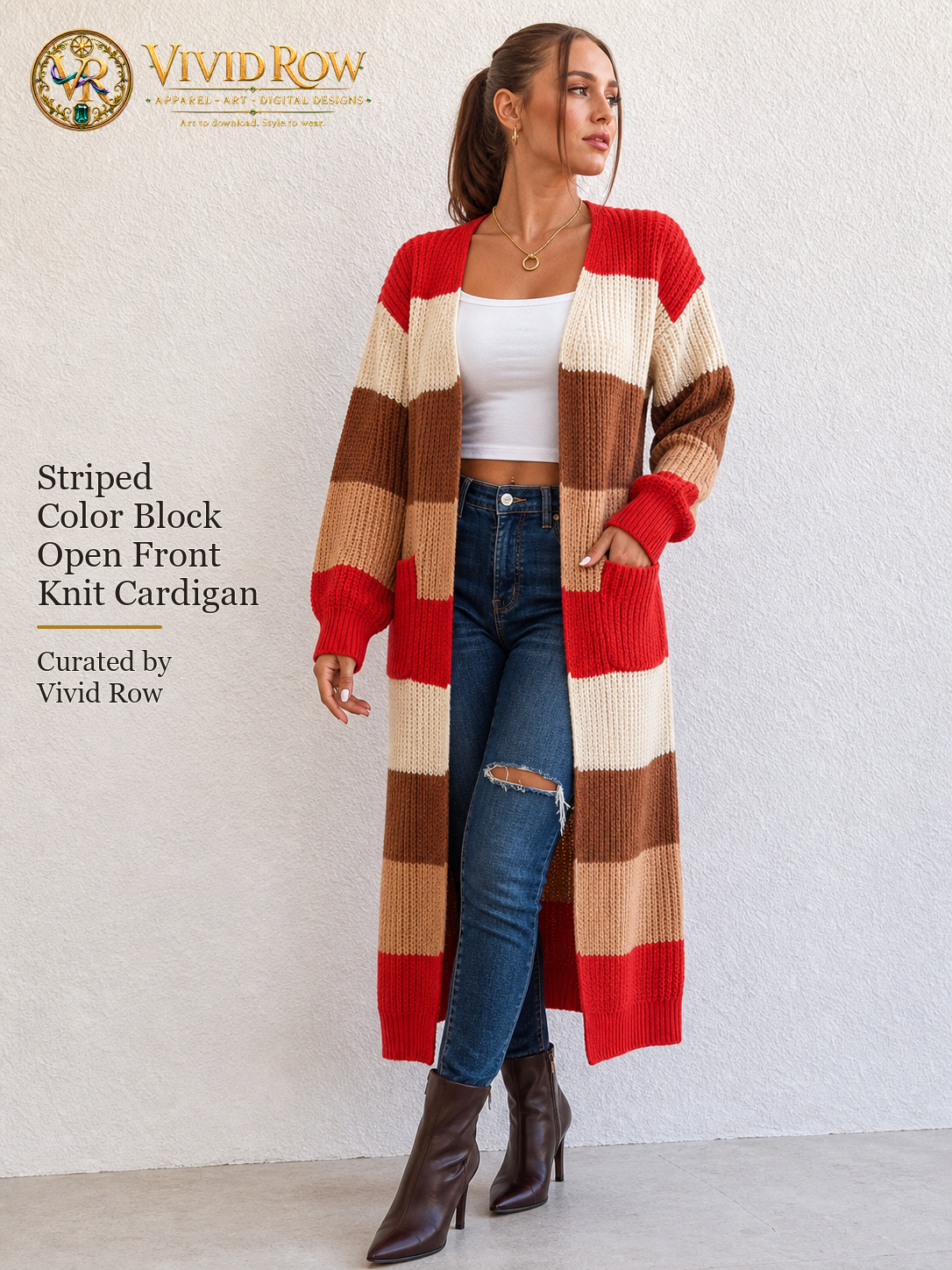 Striped Color Block Open Front Knit Cardigan - Multicolor - Three Quarter Ripped Jeans View