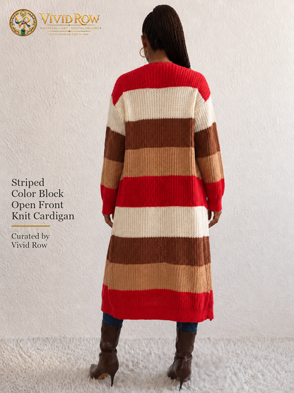 Striped Color Block Open Front Knit Cardigan - Multicolor - Rear Standing View