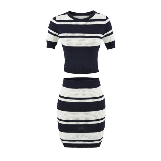 Striped knit top and mini skirt together