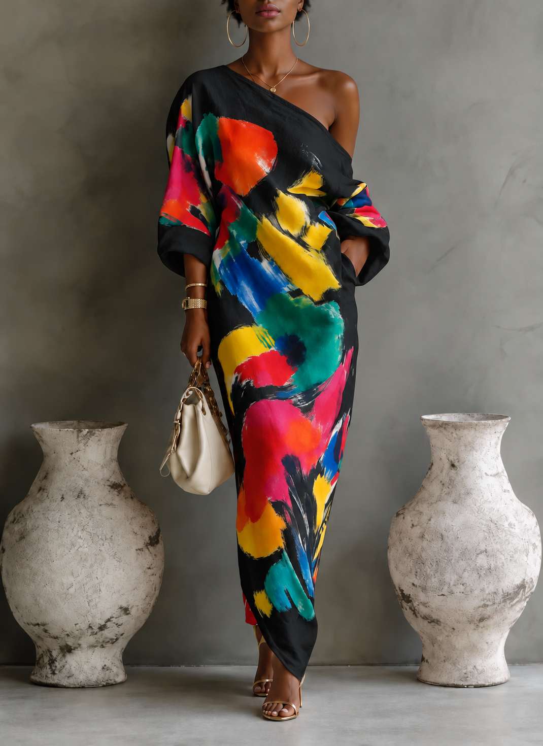 Full Size One-Shoulder Abstract Print Loose Fit Maxi Dress Plus Size - Black - AI-edited model with gold hoop earrings