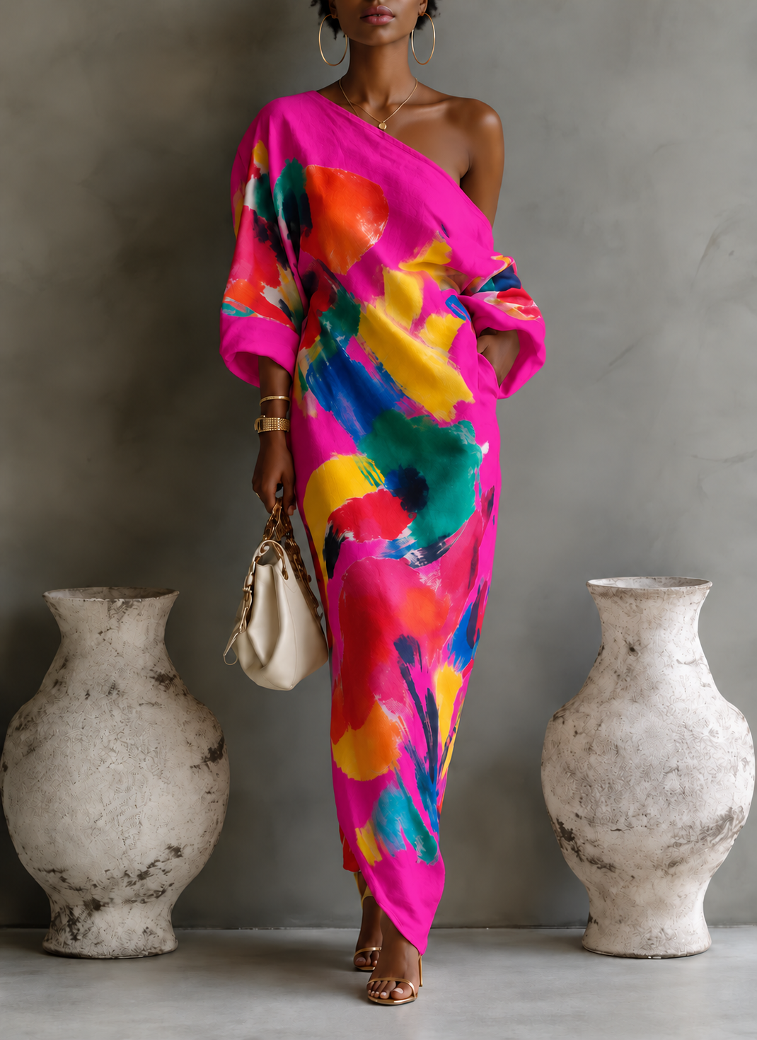 Full Size One-Shoulder Abstract Print Loose Fit Maxi Dress Plus Size - Fuchsia Pink - AI-edited model with gold hoop earrings