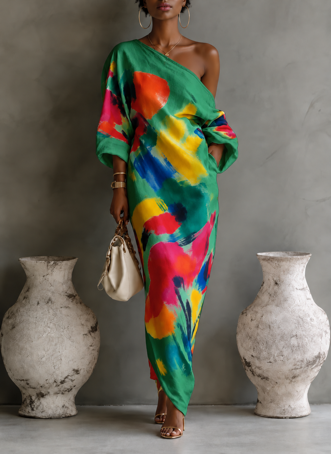 Full Size One-Shoulder Abstract Print Loose Fit Maxi Dress Plus Size - Green - AI-edited model with gold hoop earrings