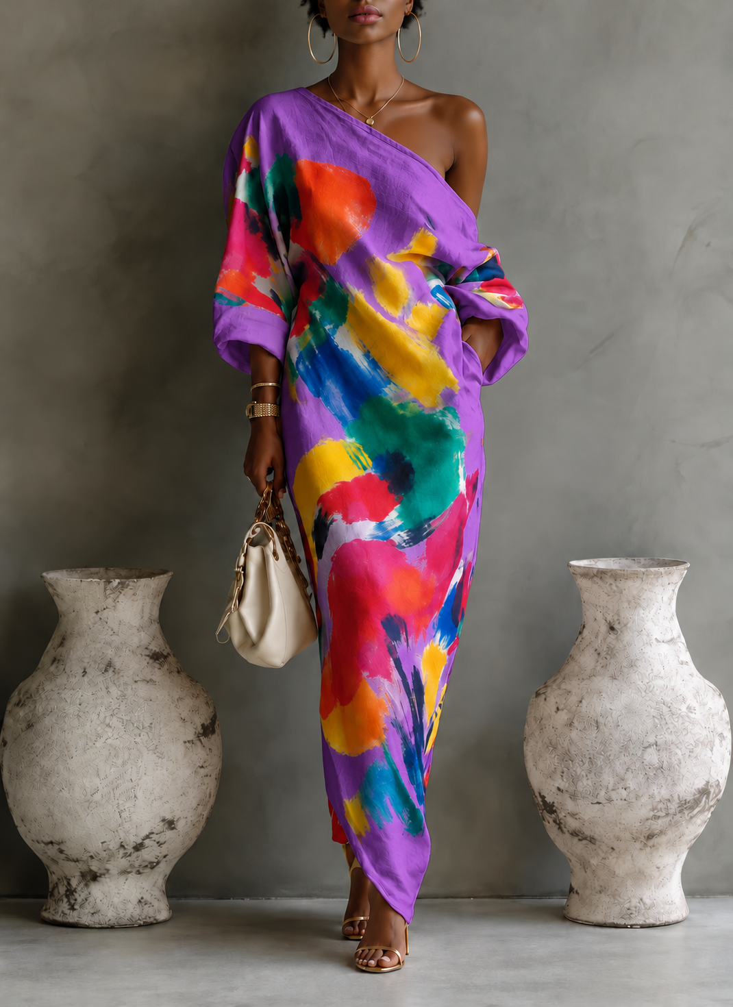 Full Size One-Shoulder Abstract Print Loose Fit Maxi Dress Plus Size - Purple - AI-edited model with gold hoop earrings