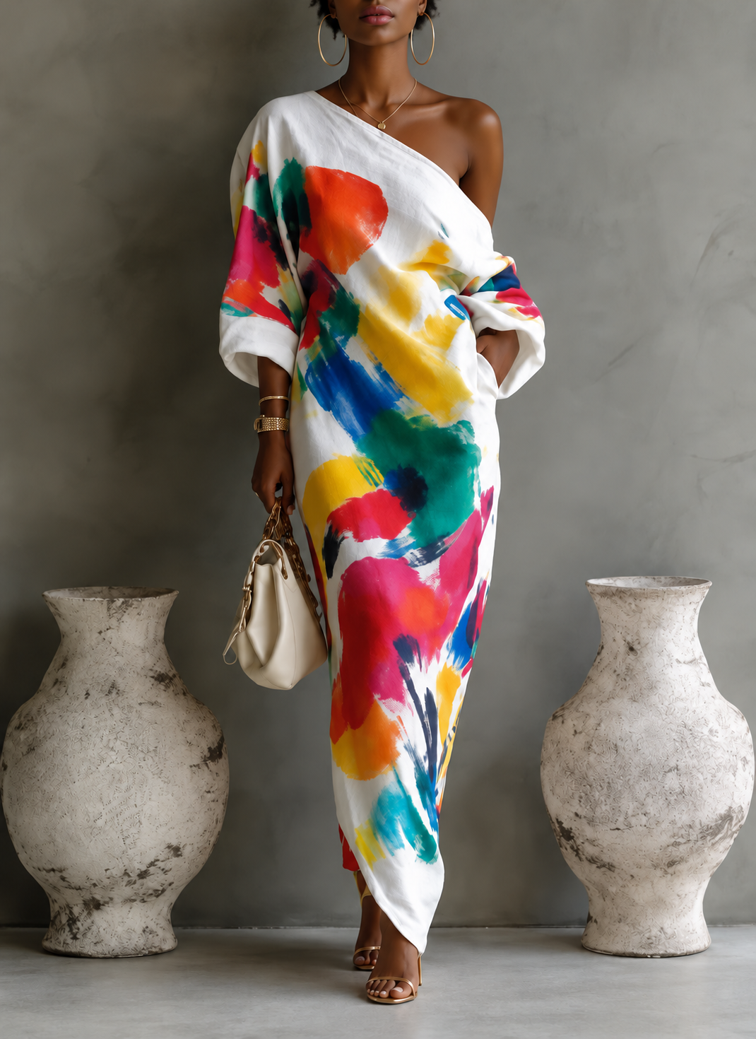 Full Size One-Shoulder Abstract Print Loose Fit Maxi Dress Plus Size - White - AI-edited model with gold hoop earrings