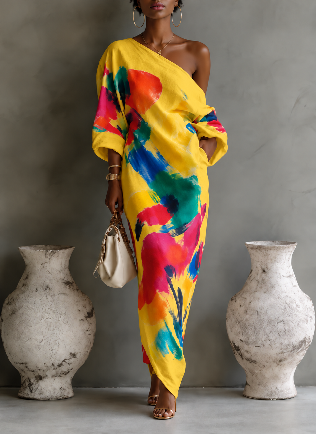Full Size One-Shoulder Abstract Print Loose Fit Maxi Dress Plus Size - Yellow - AI-edited model with gold hoop earrings