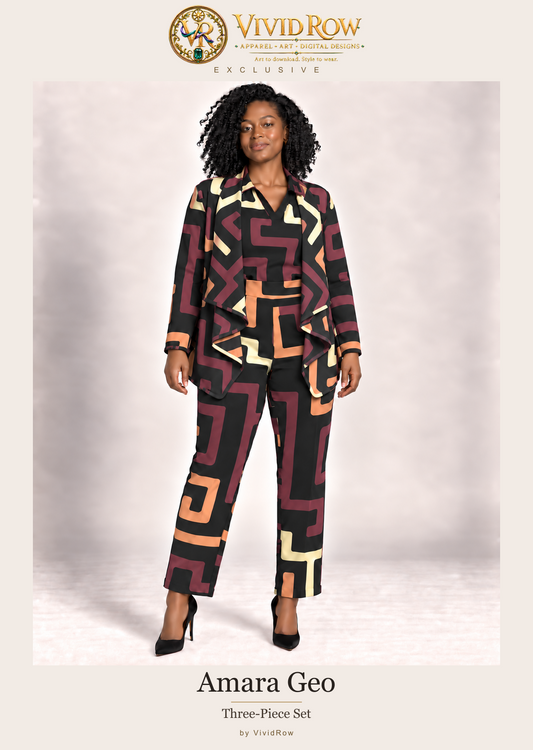 Amara Geo Three-Piece Set by VividRow — AI styling preview of the three-piece outfit, original Vivid Row gold branding.