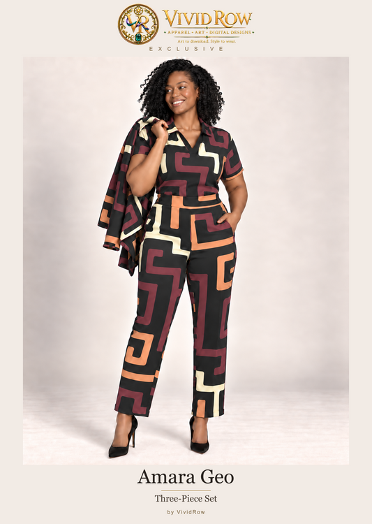 Amara Geo Three-Piece Set by VividRow — AI styling preview of the three-piece outfit, original Vivid Row gold branding.