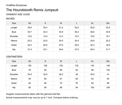Houndstooth Remix Jumpsuit supplier garment measurements in inches and centimeters