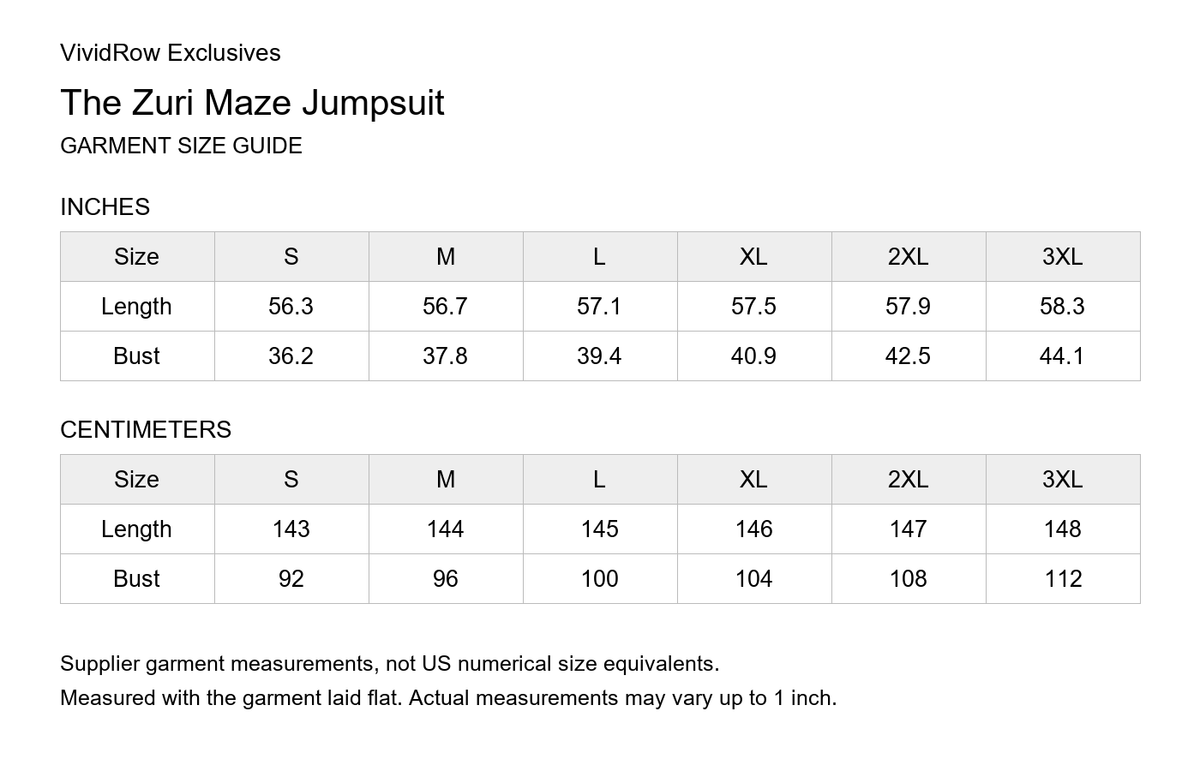 Zuri Maze Jumpsuit size guide S–3XL: garment length and bust in inches and centimeters