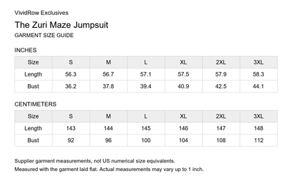 Zuri Maze Jumpsuit size guide S–3XL: garment length and bust in inches and centimeters